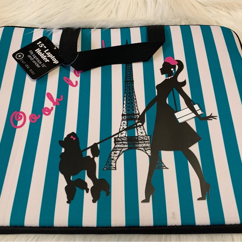 CUL-DE-SAC teal striped neoprene Parisian theme laptop zip close bag NWT